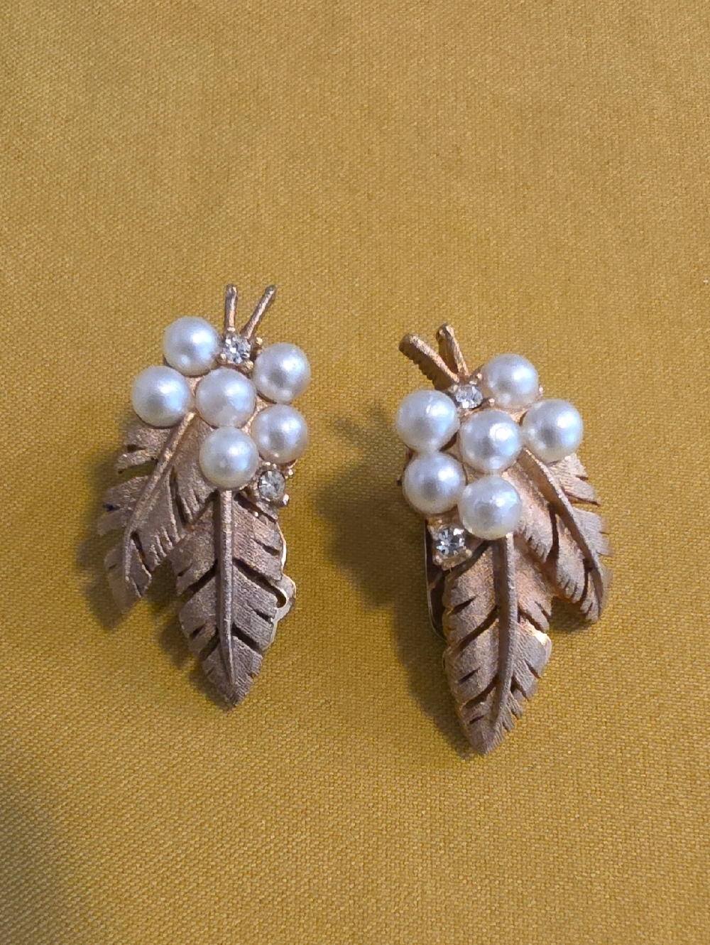 Vintage Clip Earrings w/Textured Leaf Pattern, Faux Pearls & Rhinestone Accents